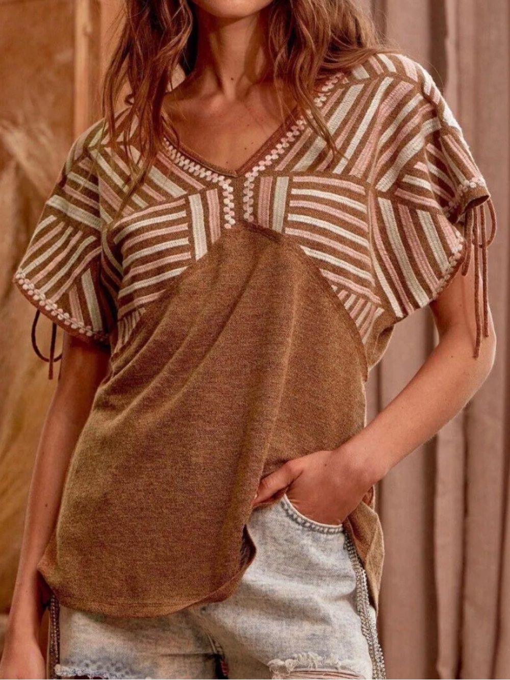 NWT Savanna Jane Tan Embroidered Babydoll Knit Top Size M Boho Chic Relaxed Fit